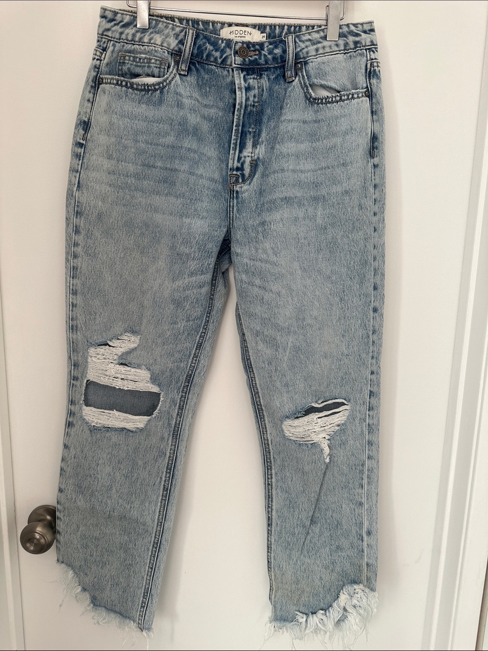 Light Blue Distressed Ankle Crop Jeans by Hidden